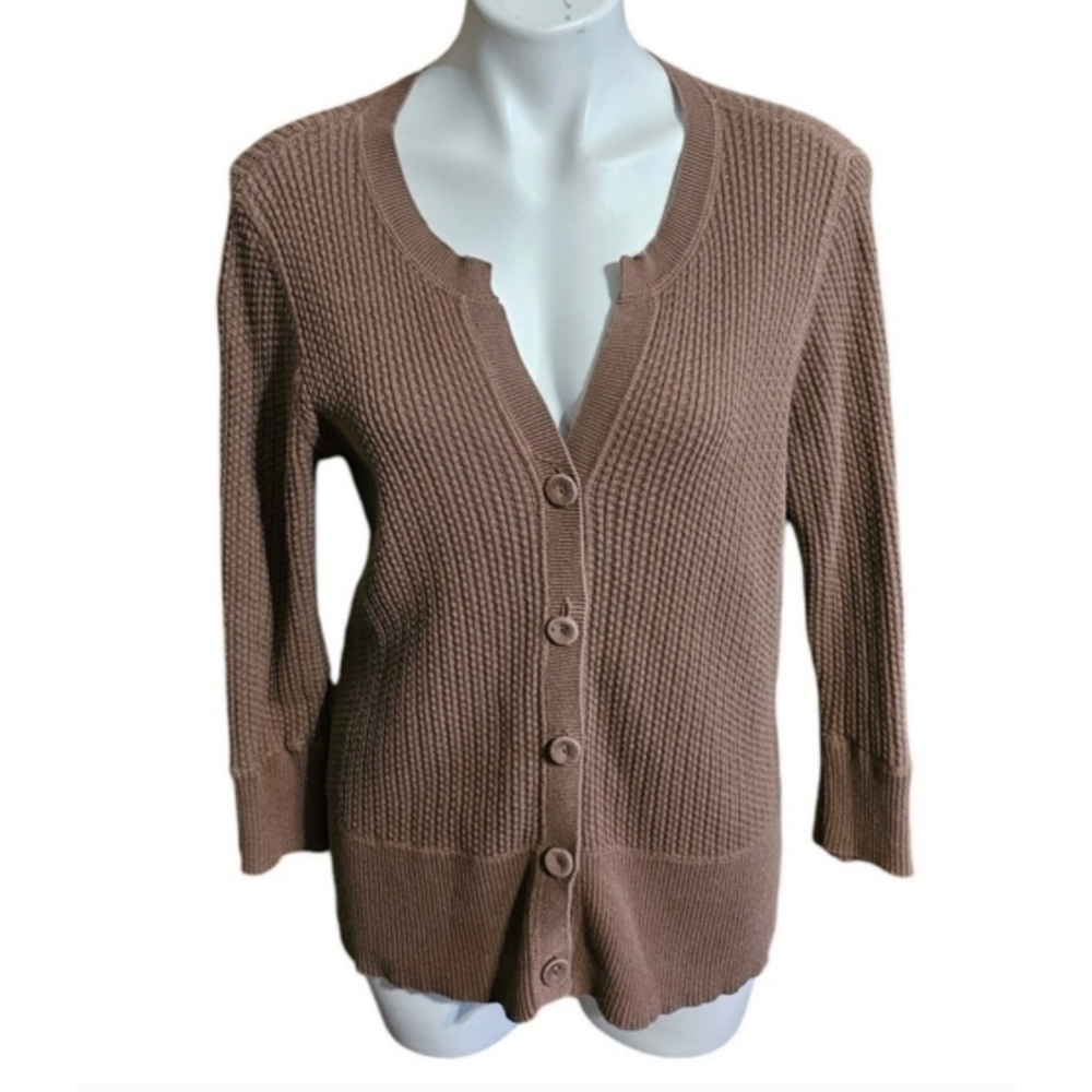 Relativity Ribbed Split neck Cardigan Brown Size L - Picture 12 of 12